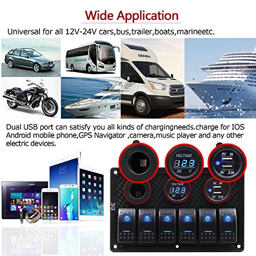 FXC Waterproof Marine Boat Rocker Switch Panel 6 Gang with Dual USB Slot Socket + Cigarette Lighter + Digital Voltage Display LED Light for Car Rv Vehicles Truck (6 Gang Blue Light)