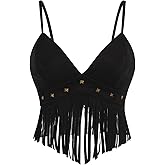 OYOANGLE Women's Y2K Fringe Sleeveless Spaghetti Strap Faux Suede Vintage Hippie Crop Top Blouse