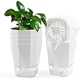 Toys4u 6-Pack Self Watering Planter Pots, 5 Inch Plastic Planters with Drainage Holes, Cotton Rope and Trays, Decorative Flower Pots for Indoor Outdoor Garden Plants (White)
