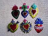 Lot of 6 Different Tin Painted Sacred Hearts Ornaments - Mexico
