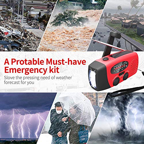 Emergency Solar Radio, Self-Powered Crank Radio with LED Flashlight, AM/FM/WB Weather with 2000mAh Rechargeable Battery for Smart Phone Emergency Charging