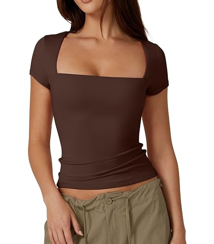 QINSEN Women's Sexy Twist Front V Neck T Shirts Double Lined Short