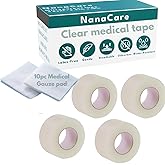 NanaCare Clear Medical Tape Waterproof, 4 Rolls - 1 inch x 10 yds | 4 Rolls - 1 inch x 10 yds &amp; 10 pc Gauze Pads, Hypoallergenic Surgical Tape Skin Parent