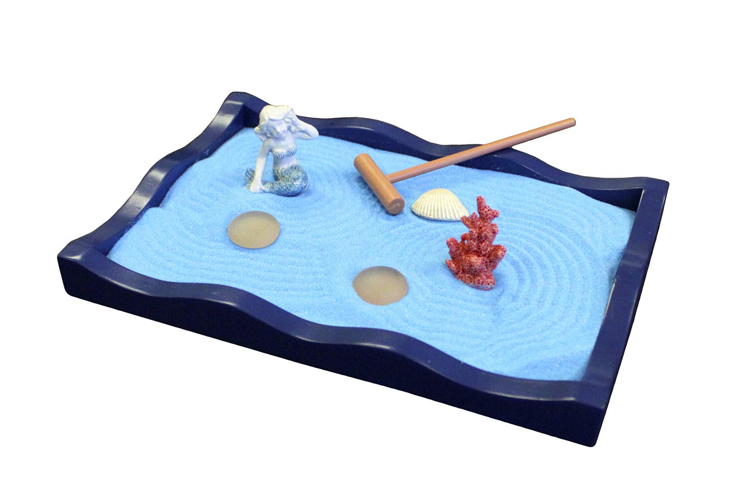 Nature's Mark Mini Zen Garden Kit for Desk with Rake, Blue Sand, Miniature Mermaid Clam Corlal Figures, Wavy Base, Glass Rocks