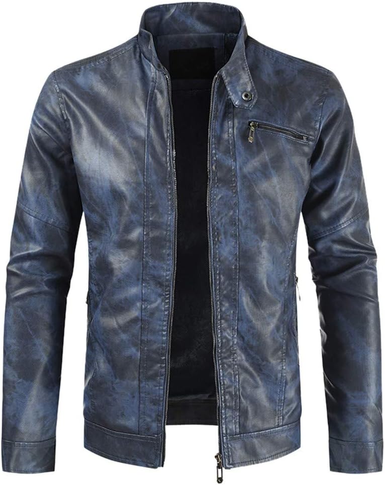 Leather Jacket for Men Casual Zipper Long Sleeve Coat Outwear Men's Winter Pure Color Stand Collar Top Overcoats Dark Blue