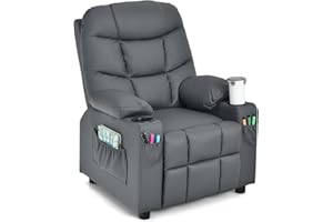 CHEFJOY Kids Recliner, Kids Recliner Chair w/ 2 Cup Holders, PU Leather Chairs Comfy w/Adjustable Backrest & 3 Pockets, Toddler Furniture Sofa for Boys Girls Aged 3+
