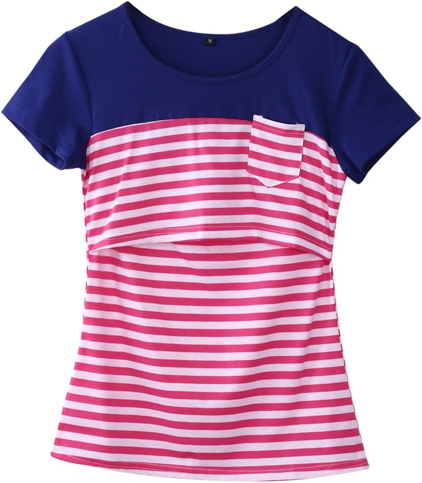 Women Breastfeeding Shirt Striped Patchwork Short Sleeve Maternity Breastfeeding and Nursing Tops Maternity Clothes