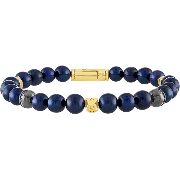 Bulova Men's Latin Grammy Beaded Bracelet - Black Lava & Rose Gold Stainless Steel, Size Large