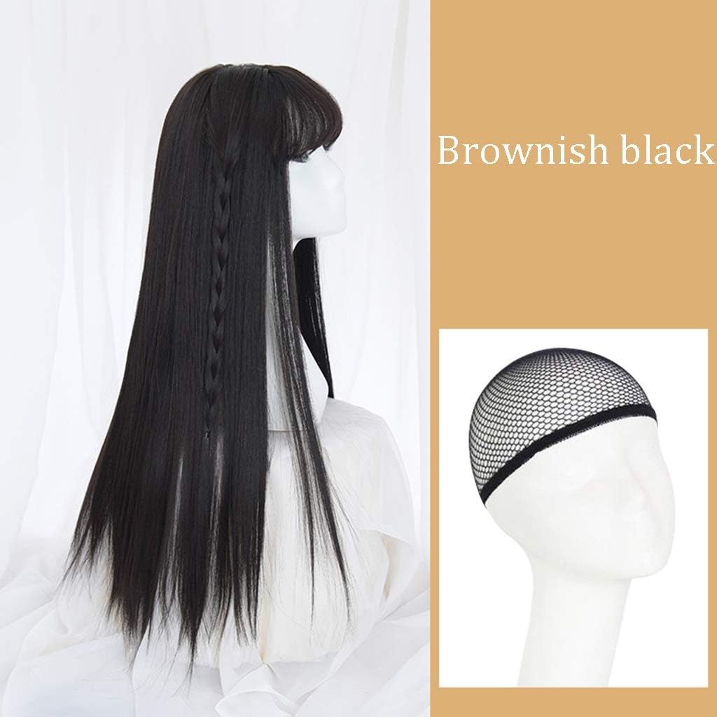 HNHX Long Straight Hair Wig Girl Full Head Cover Natural Realistic Wear Breathable Strong Length 70cm Two Colors Can Choose hair extension (Color : Brownish black, Size : 1)