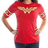 Wonder Woman Gold Foil Striped Sleeves Red Juniors T-Shirt Tee