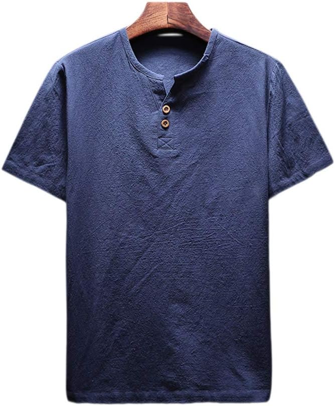 Fosheng Men's T-Shirt - Linen Cotton Casual Blouse Summer Short Sleeve Tops