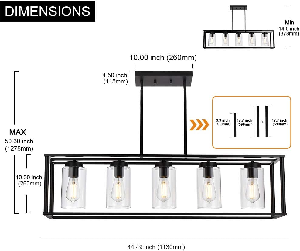VINLUZ Farmhouse Chandeliers Rectangle Black 5 Light Dining Room Lighting Fixtures Hanging, Kitchen Island Cage Pendant Lights Contemporary Modern Ceiling Light with Glass Shade Adjustable Rods - - 