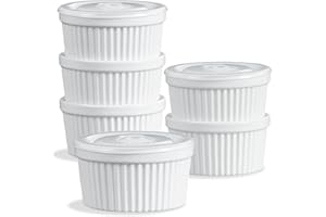 ONEMORE Ramekins with Lids, 8 oz Creme Brulee Souffle Dishes Oven Safe Ceramic Pudding Cups with Silicone Covers Stackable Custard Cups Set of 6 for Baking - White