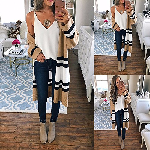 ZOMUSA Hot Sale Women Autumn Winter Long Sleeve Loose Casual Striped Sweater Cardigan Coat (Free Size, Khaki)
