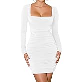 Mokoru Women's Sexy Ruched Bodycon Square Neck Long Sleeve Tight Party Mini Dress