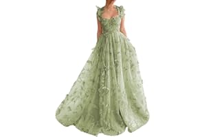 YUAOHUANG Corset Long Tulle Prom Dresses Butterfly Prom Dress for Women Lace Applique Fairy Ball Gown Butterfly Gowns