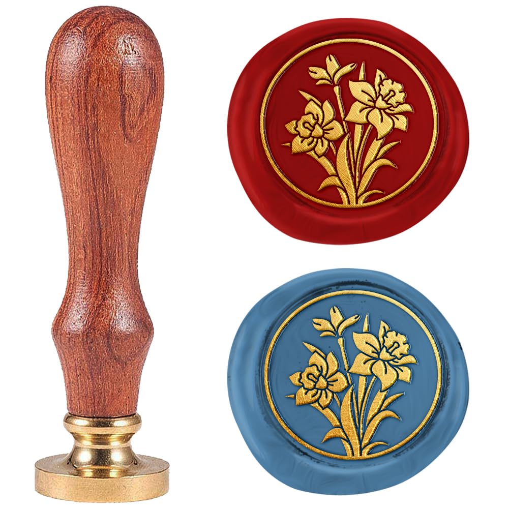 DELORIGIN 1" Daffodil Wax Seal Stamp Retro Sealing Stamps Removable Brass Head Seal Stamp with Wooden Handle Sealing Wax for Envelope Greeting Card Letter Wedding Invitations Gift Wrapping Decor