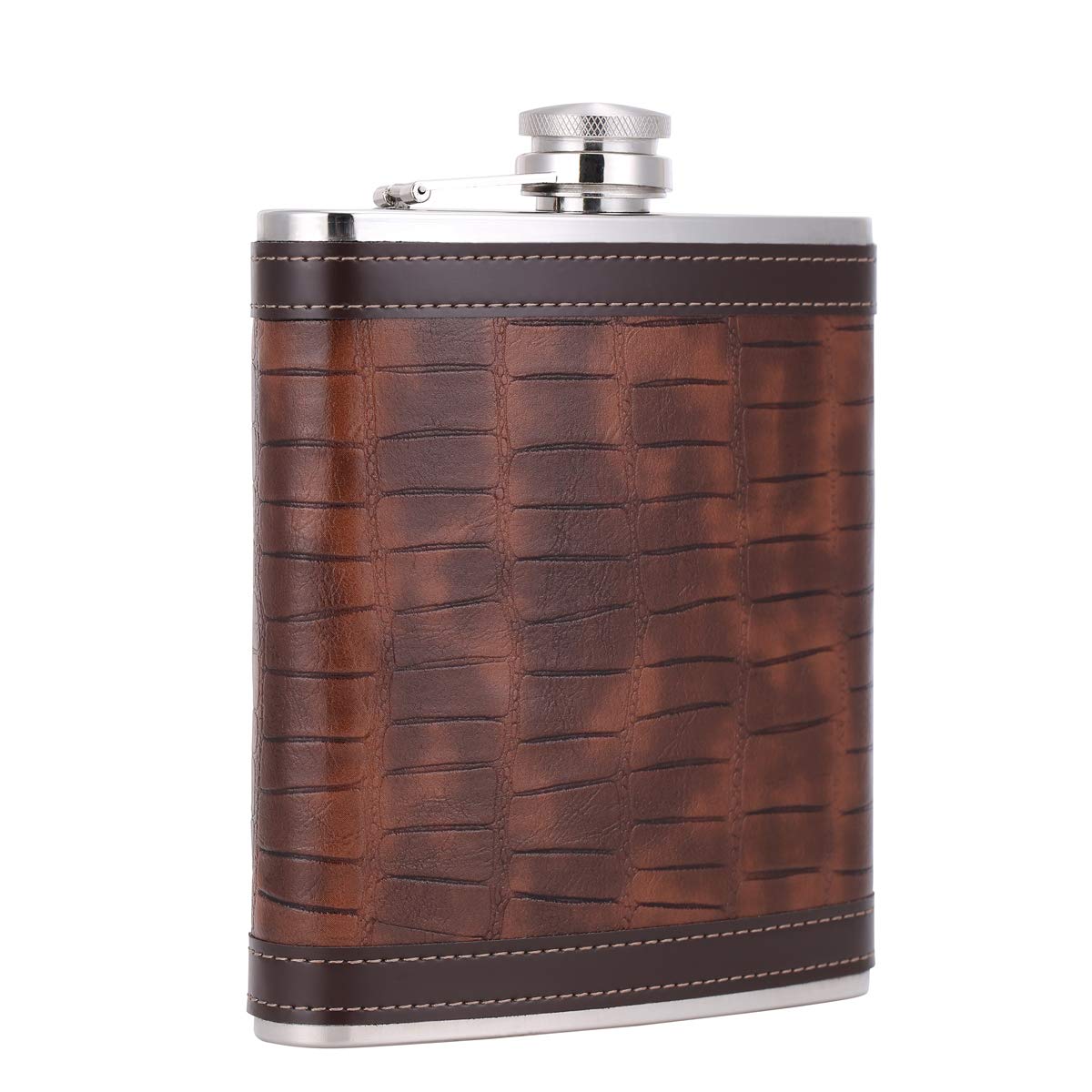 18 oz Crocodile Leather Pattern Brown Stainless Steel Large Capacity Whiskey Liquor Flask with PU Leather Wrapped, TANEAXON
