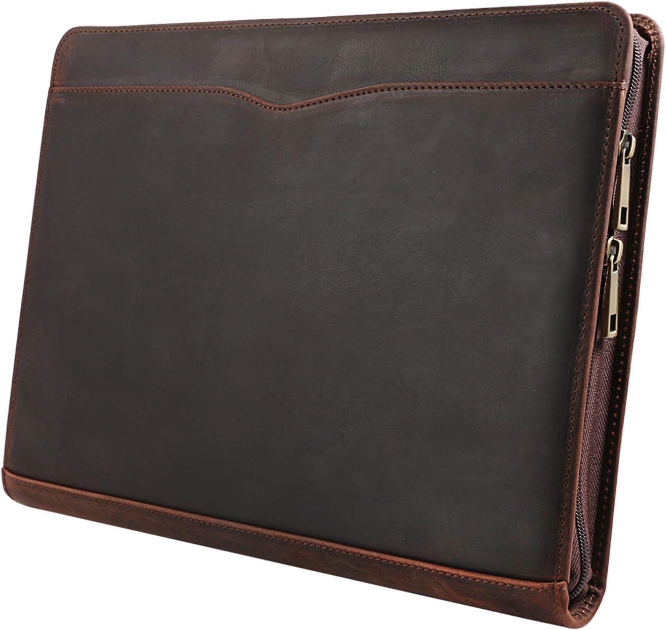 Professional Leather Business Padfolio Portfolio - Zippered Case With 3-Ring Binder, Tablet Holder, Dark Brown