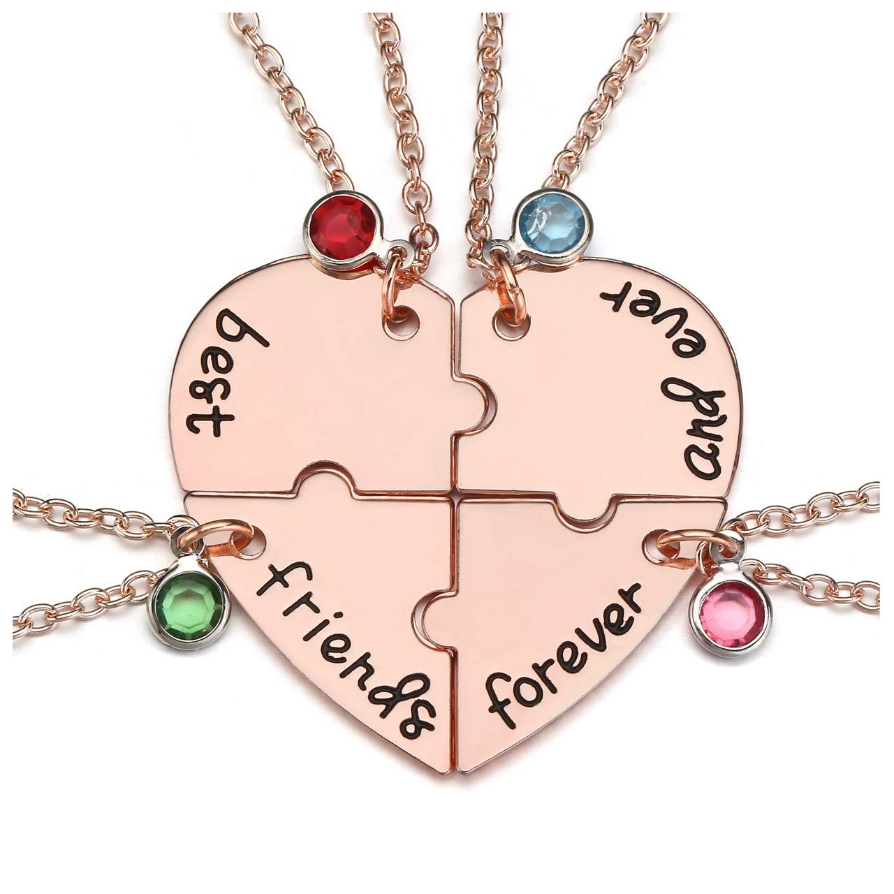 JSDDE Alloy Rhinestone Best Friends Forever and Ever BFF Necklace Engraved Puzzle Friendship Pendant Necklaces (Rose Gold-4pcs/set)