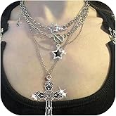 Zurlcdye Cross Necklace for Women Y2K Gothic Silver Star Cross Charm Choker Layered Chunky Chain Trendy Dainty Long Punk Necklaces Birthday Jewelry Gifts