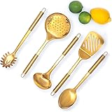 Brass / Gold Cooking Utensils for Modern Cooking and Serving, Gold Utensils - Stainless Steel Cooking Utensils 5 PCS-Gold Ser