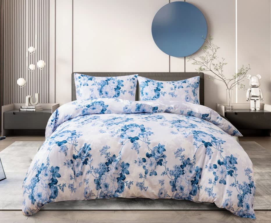 PRIME LINENS Duvet Cover Set 4 Pcs Brushed Microfibre Quilt Cover Bedding Set With Pillow Cases and Extra Fitted Sheet Included (Vintage Floral Blue, King)