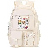 PRLINJSK Kawaii Backpack for Teen Girls, Cute Aesthetic High Middle School College Bookbag with Accessories, Beige