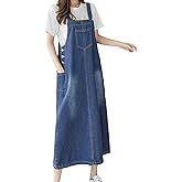 ebossy Women's Patchwork Denim Bib Overall Casual Button Jean Maxi Long Pinafore Dress With Pocket