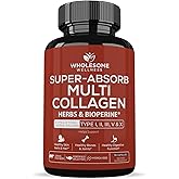 Wholesome Wellness Super-Absorb Multi Collagen Pills (Type I II III V X) Organic Herbs & Bioperine - Hair, Skin, Nails - Hydrolyzed Peptides Protein Supplement for Women & Men (90 Capsules)