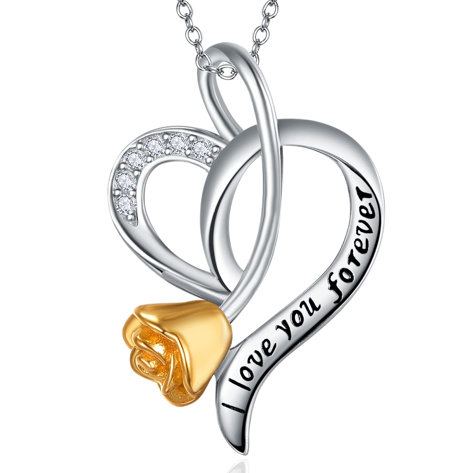 TANGPOET Rose Flower Necklace 925 Sterling Silver Rose Gold Pendant Romantic Heart Necklace Valentines Day Jewellery Gifts for Women Girlfriend Wife Ladies Girls