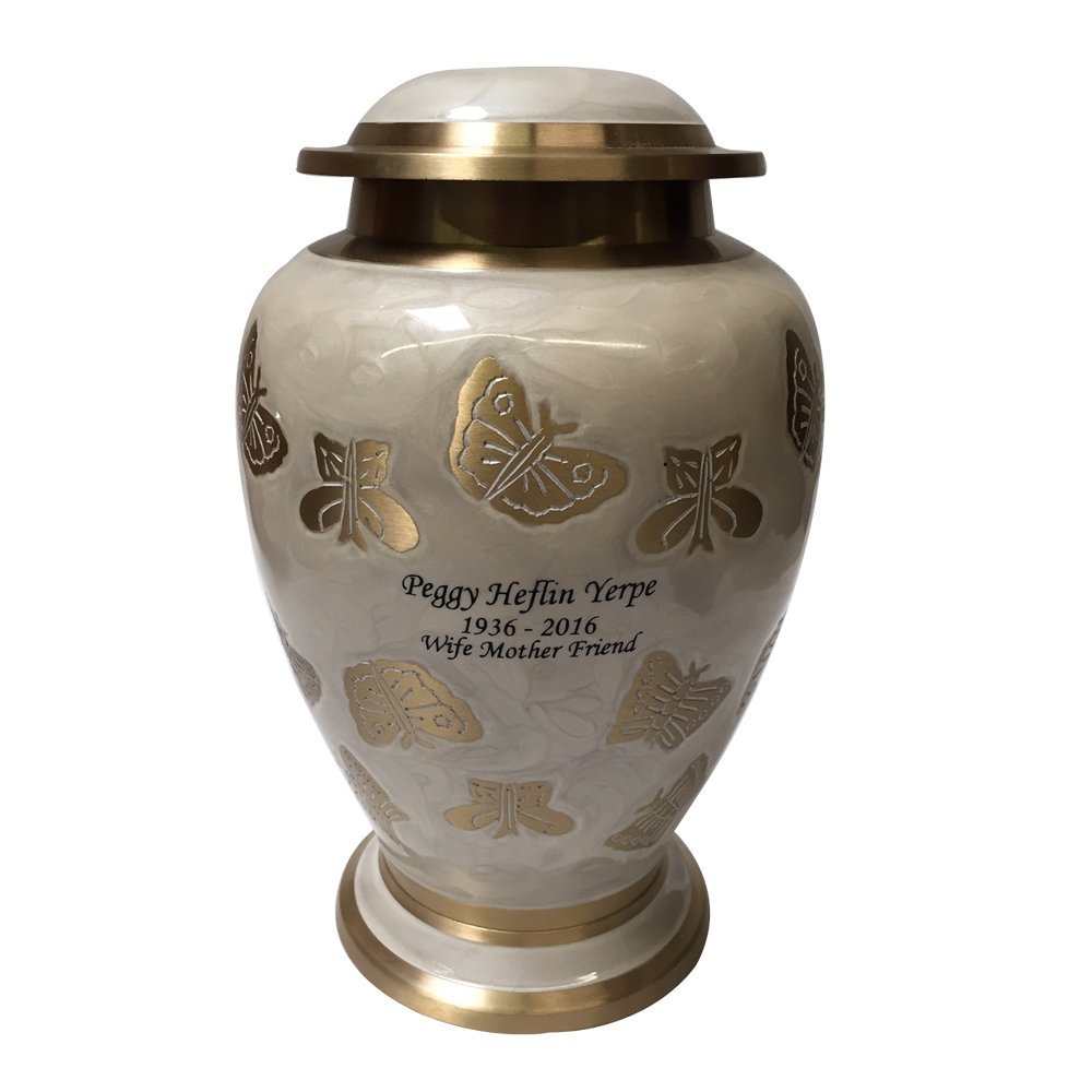 NWA Adult Human Cremation Urn, Pearl White and Gold Butterfly Funeral Urns with Personalization