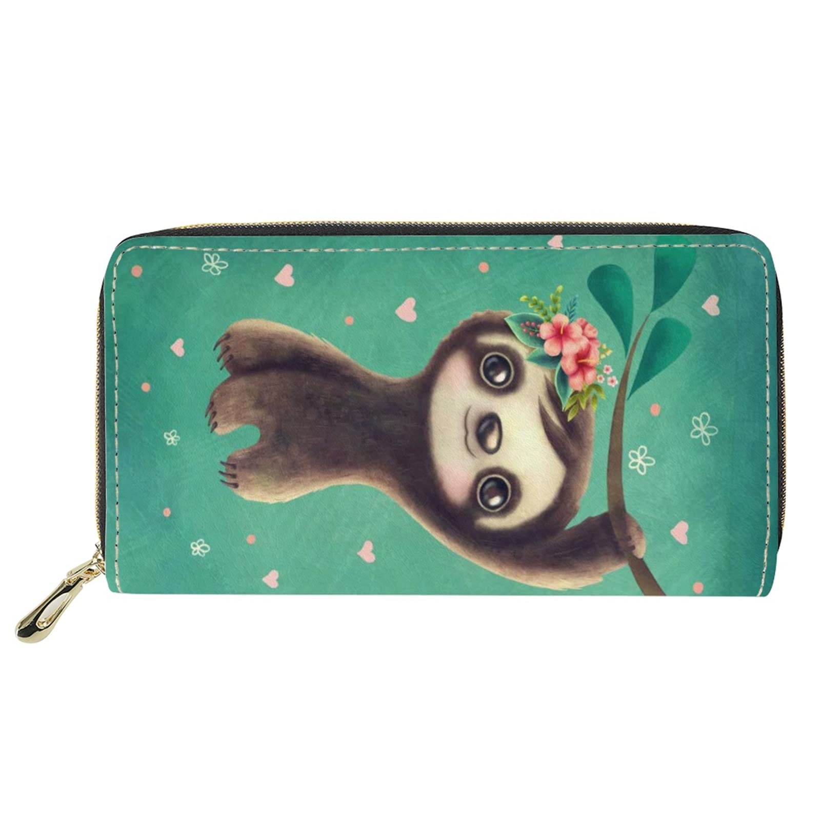 Dolyues Cartoon Sloth Print Wallet for Ladies, Pu Leather Long Slim Clutch Purse, Waterproof Purse for Outdoor Travel Shopping Hiking
