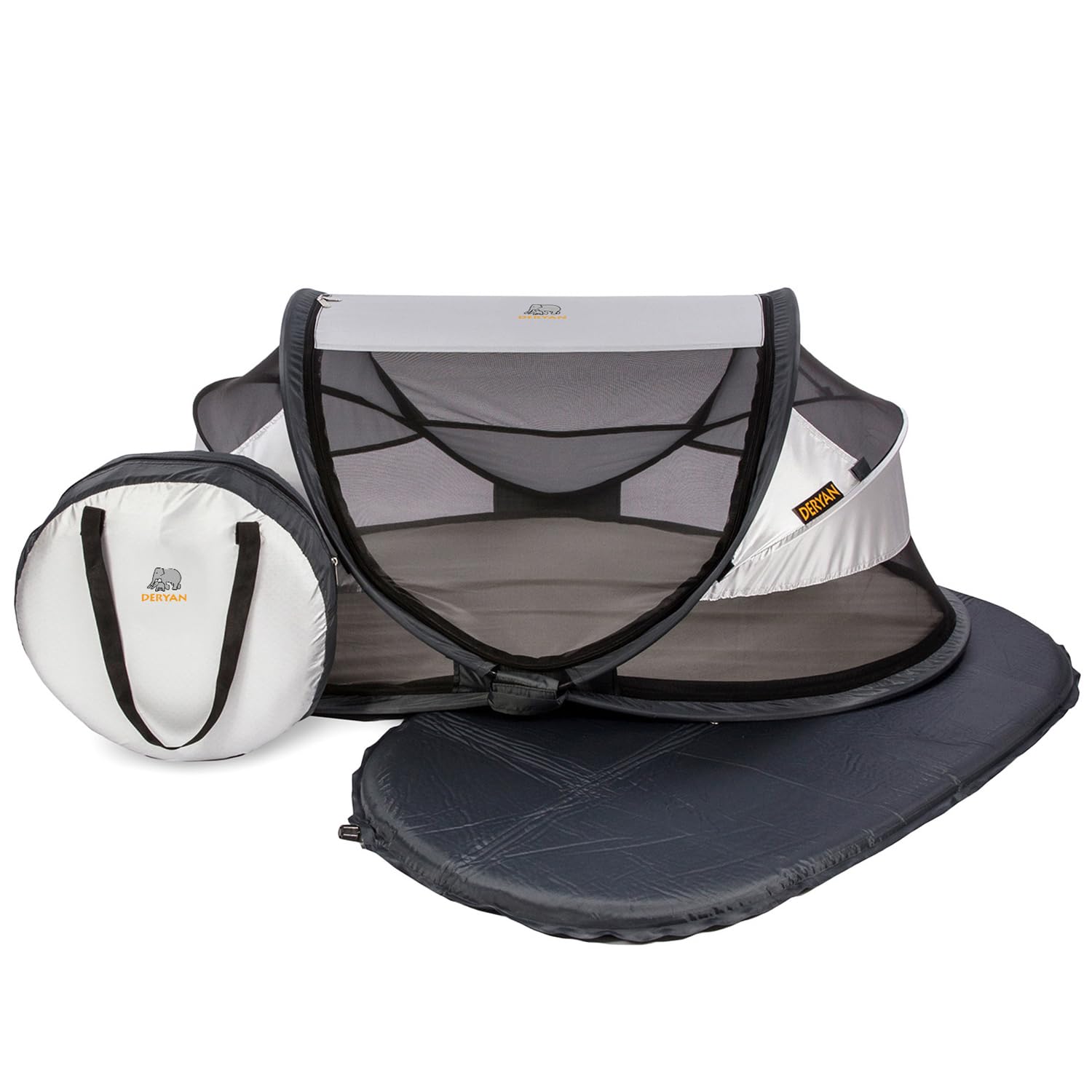 DERYAN Baby Travel Cot with Mattress from Birth to 2.5 Years - Pop Up Bed Tent Set Up in 2 Seconds - Includes Mosquito Net and Travel Bag, Fast & Compact Folding, Lightweight (Silver)