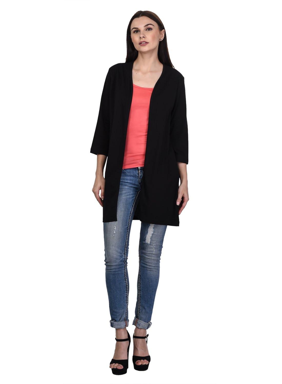 women's 3/4 th sleeves open plain long shrug (ts17)