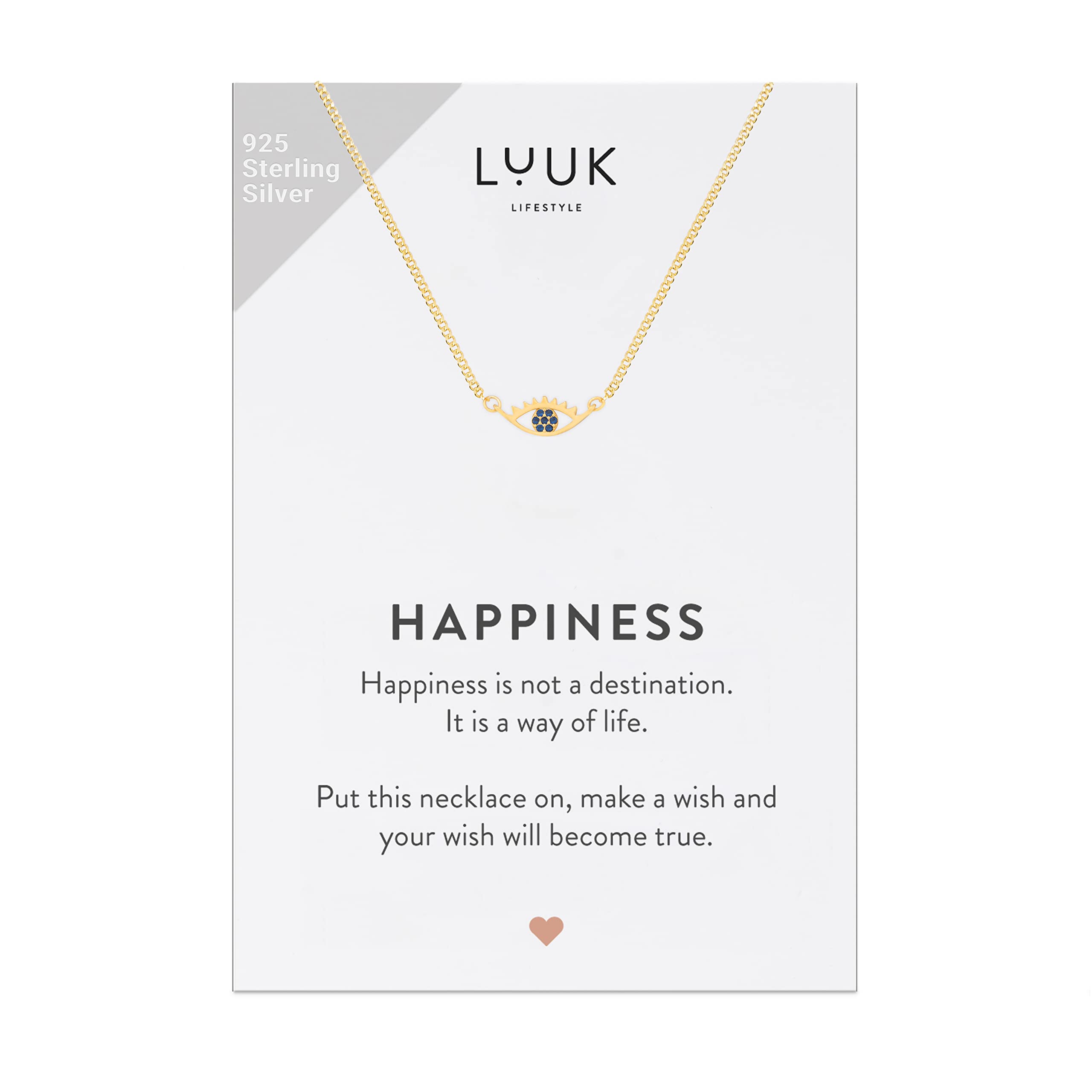 LUUK LIFESTYLE 925 Sterling Silver Pendant Necklace for Women Waterproof 50cm Chain Modern Necklace Gift for Her Gold Nazar Eye
