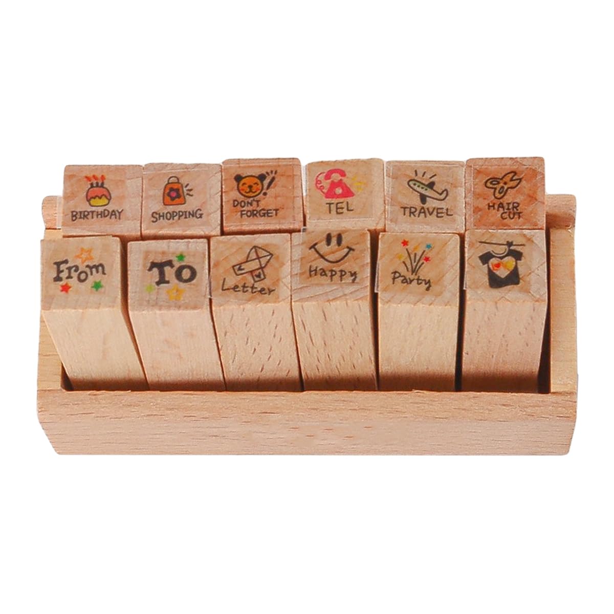 Tiardey 12 Pcs Mini Cute Wooden Rubber Stamps DIY Diary Scrapbook Stamps Set with Wooden Box - Travel