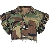LETSVDO Women's Sexy Camo Halter Vest Backless Sleeveless Lapel V Neck Button Down Jean Crop Tank Top
