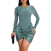 Ekaliy Women's Sexy Long Sleeve Mini Dress Elegant Crew Neck Twist Waist Ruched Bodycon Cocktail Party Short Dresses