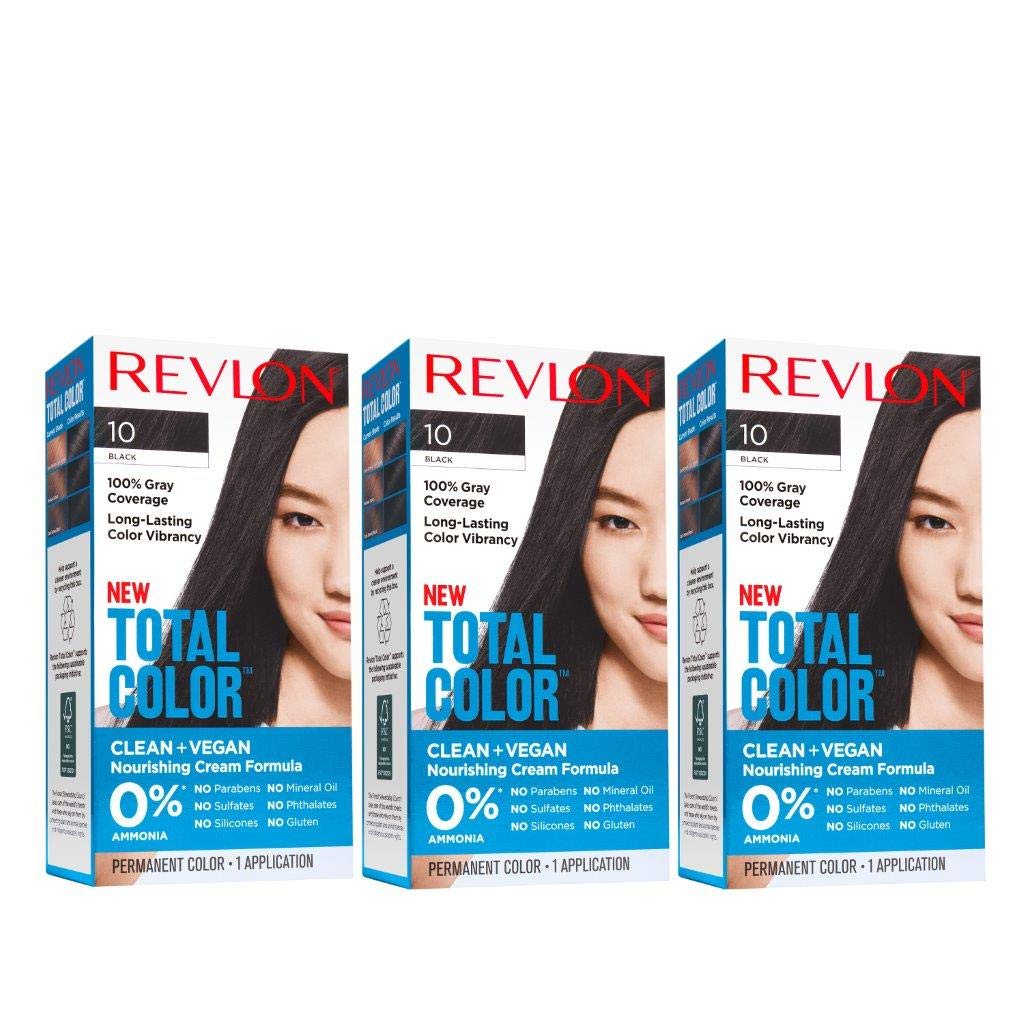 Revlon Total Color Hair Color, Clean and Vegan, 100% Gray Coverage Hair Dye, 3 count, 10 Black, 10.2 Ounce : Beauty