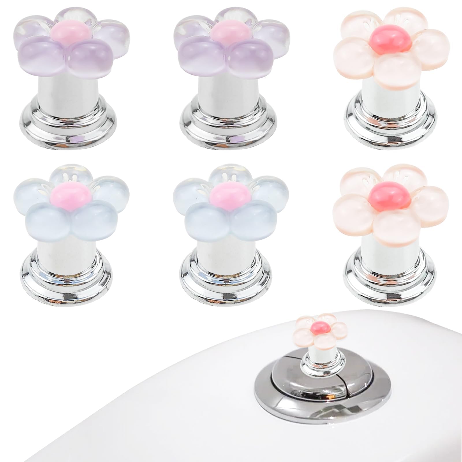 6 Pack Flower Shape Toilet Button Pusher, Toilet Tank Button, Aids Flush Replacement for Women Long Nail Art, Flower Shape Toilet Press, Toilet Flush Button Pusher Tool