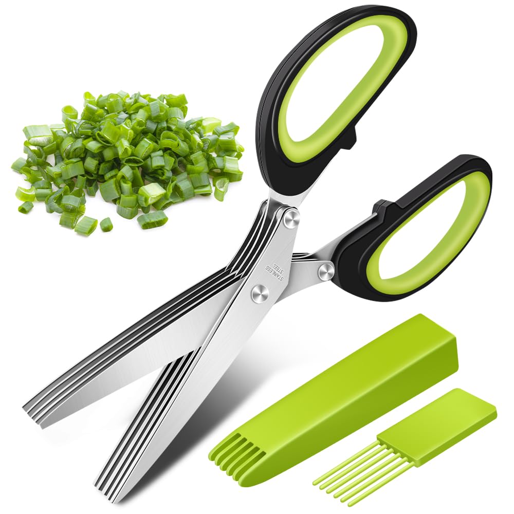 Stainless Steel Herb Scissors, Senbos Salad Kitchen Scissors with 5 Blades, Multifunctional Kitchen Scissors with Safety Cover and Cleaning Comb, Perfect for Chopping Basil, Chives, Oregano, Rosemary