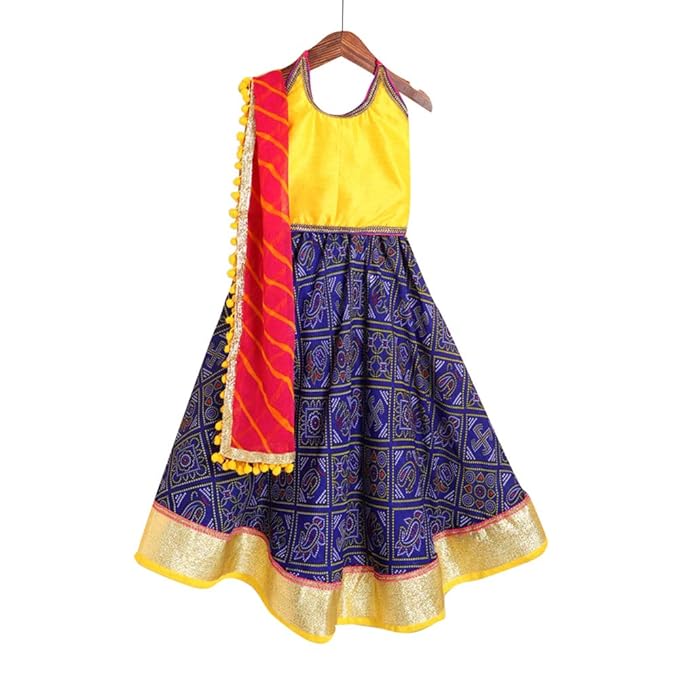 Kids Chakra By Hopscotch Girls Cotton Bandhani Lehengas & Blouses In Royal Blue Color