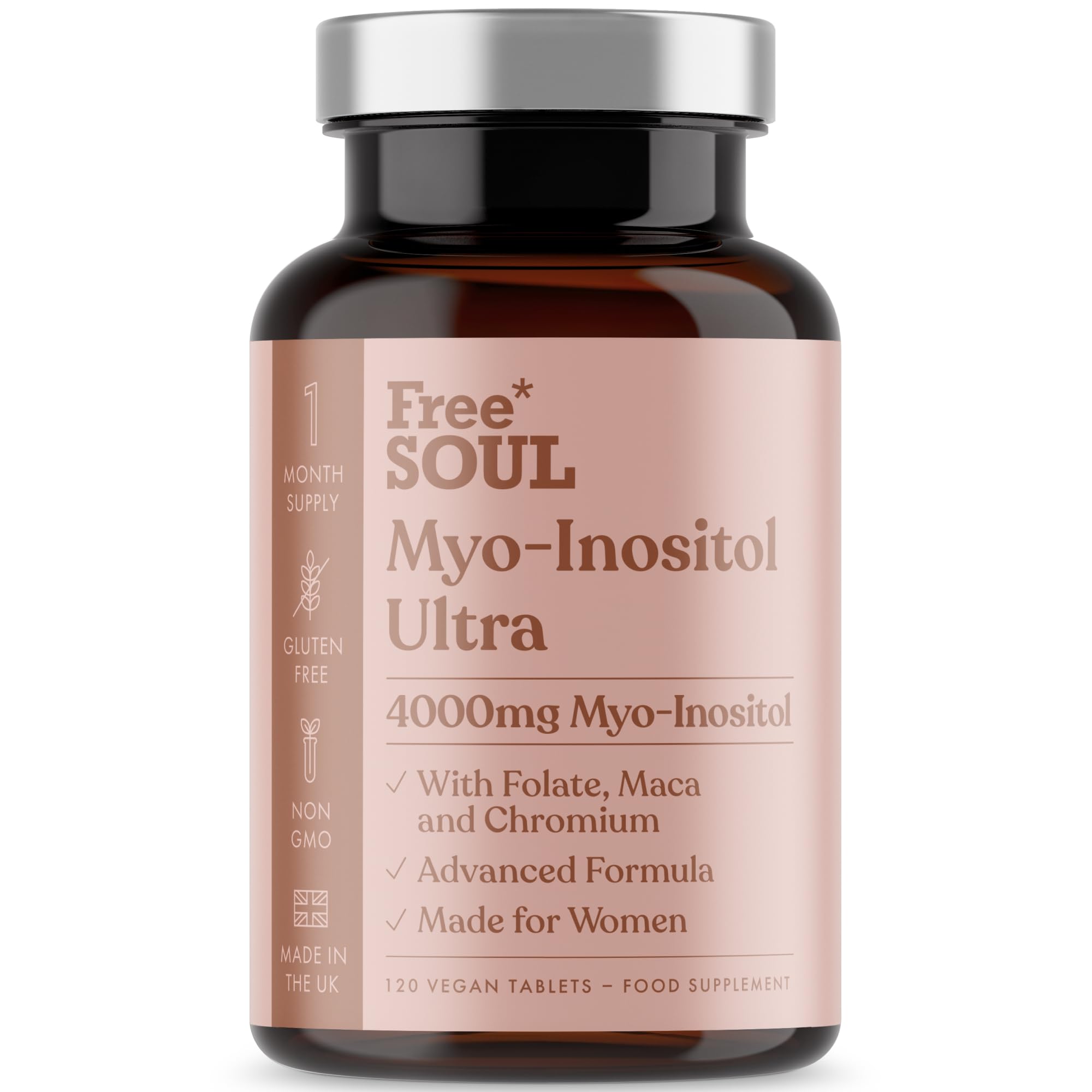 Free Soul Myo-Inositol Ultra Supplement | 4,000mg Myo-Inositol, 200ug Folate, 100ug Chromium Plus 10,000mg Maca for Women | Supplements for Women | Vegan & Gluten-Free | 120 Tablets