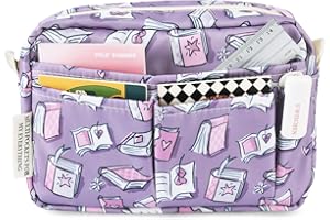 E-WEICHEN Multiple Pockets Portfolio Organizer with Zippered, Makeup Bag Travel Essentials for Women, Simple Waterproof Stationery Pencil Pouch Bag for Journal Office Art Supplies.Purple Magic Book