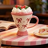 DIF DECO Christmas Coffee Mug with Lid, 8 OZ Ceramic Cute Pink Strawberry Cake Shape Unique Xmas Kawaii Cup with Handle for Tea & Coffee Lovers, Gifts for Girls or Women-Dishwasher Safe(250ml)
