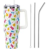 Zbnisiw Easter Tumbler with Handle and Straw Lid 40 oz,Cute Easter Spring Gift for Women Men Peeps Bunny Chick Rabbit Vacuum Insulated Leak Proof Stainless Steel Coffee Cup Mug