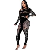 One Shoulder Mesh Cutout Jumpsuit, Long Sleeve, Black Lace Pattern, Club Party Wear