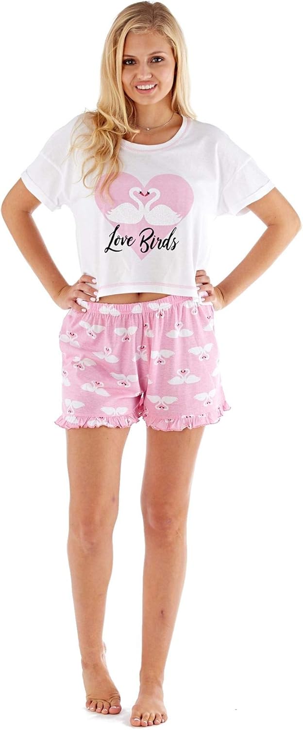 Masq Womens Pyjamas Love Birds Pj Set Shorts Short Eleeve Summer 100 Cotton Swan Pink Amazon