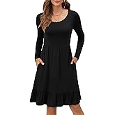 LILBETTER Women Casual Long Sleeve Knee Length Dresses Round Neck Pleated Fall Dress with Pockets 2024